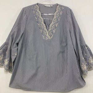 Rafaella Top size 1X V neck Lace Embroidered Striped Preppy Bell Sleeve Feminine
